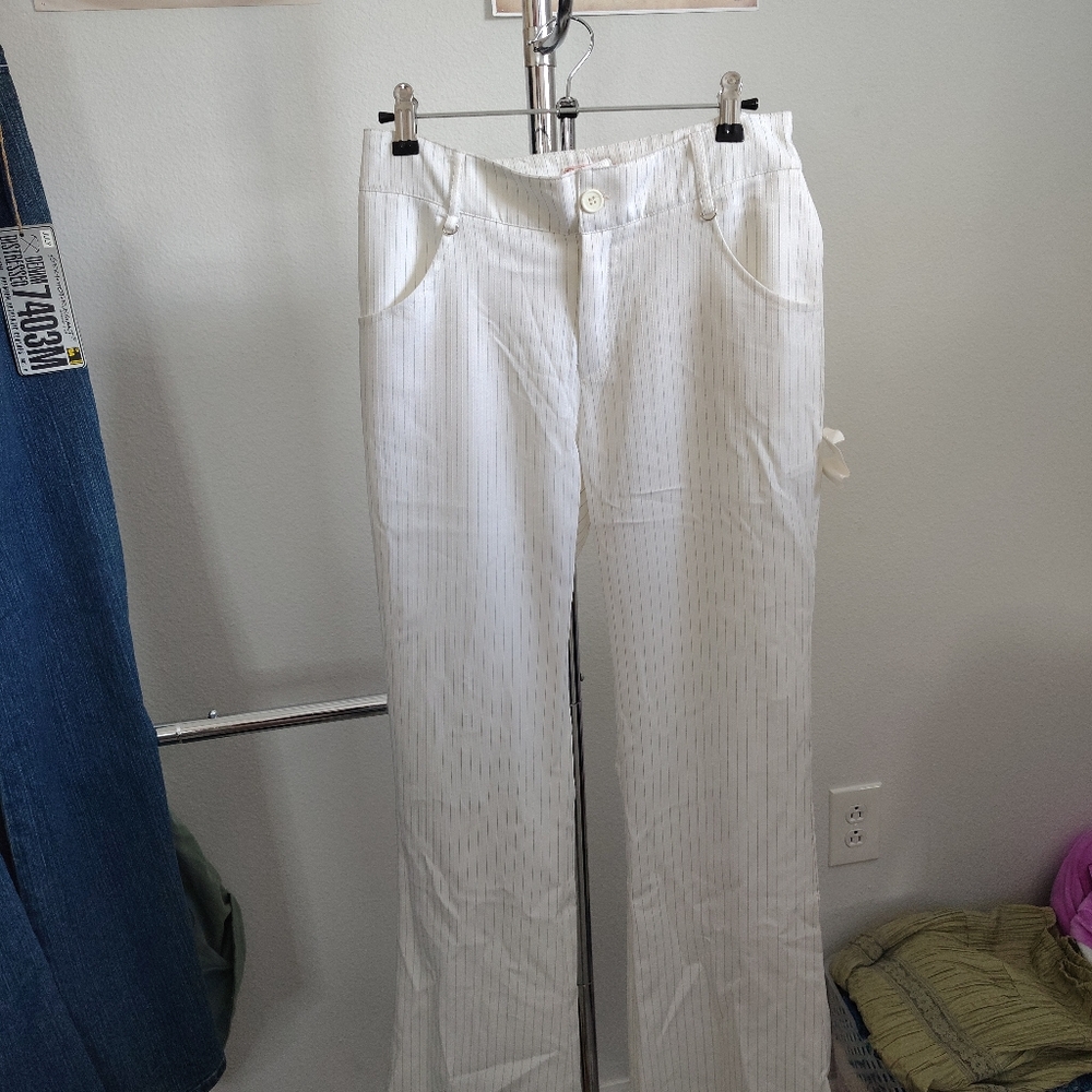 Y2K DEADSTOCK White Pin Striped Office Siren Flare Low Rise Pants